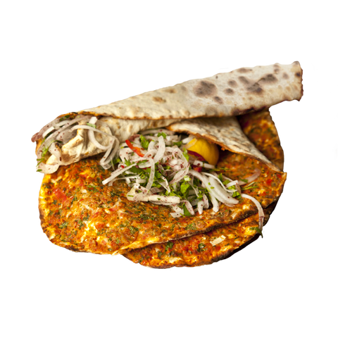 Lahmacun with fried eggplant (Turkish pizza)